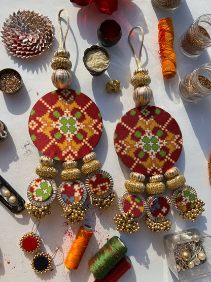 Maroon Navratna Patola & Pastel Pistachio Inflorescence Divine Pichwai Dangler- Set of 2