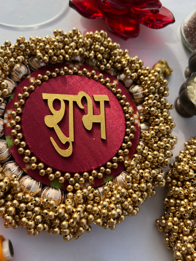 Maroon Navratna Patola Beaded Shubh Labh Pallets- Set of two