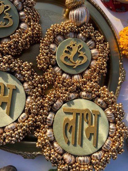 Shubh Labh + Ganesh- Solid Pistachio + Pastel Pistachio Inflorescence Divine Pichwai