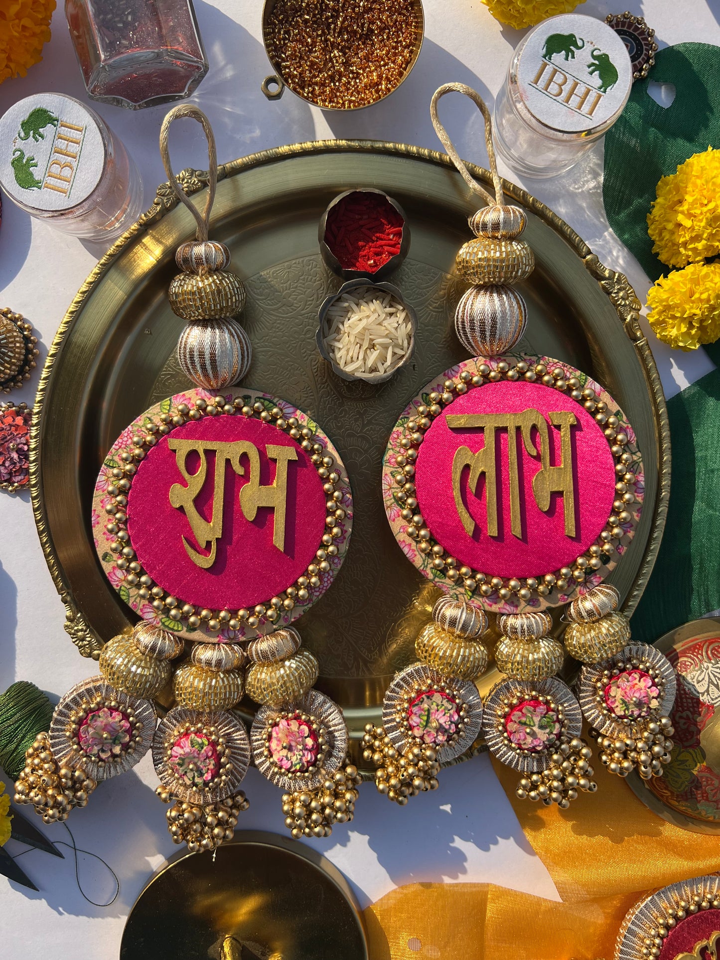 OG Inflorescence Divine Pichwai & Bottle Green Navratna Patola  Shubh Labh Dangler- Set of 2